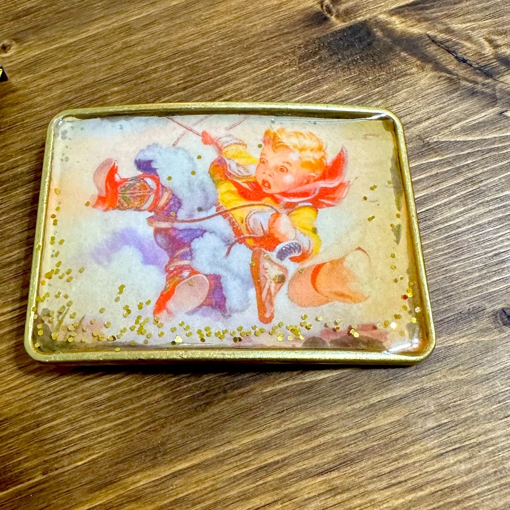 Gold belt buckle little boy cowboy with gold flakes in resin
